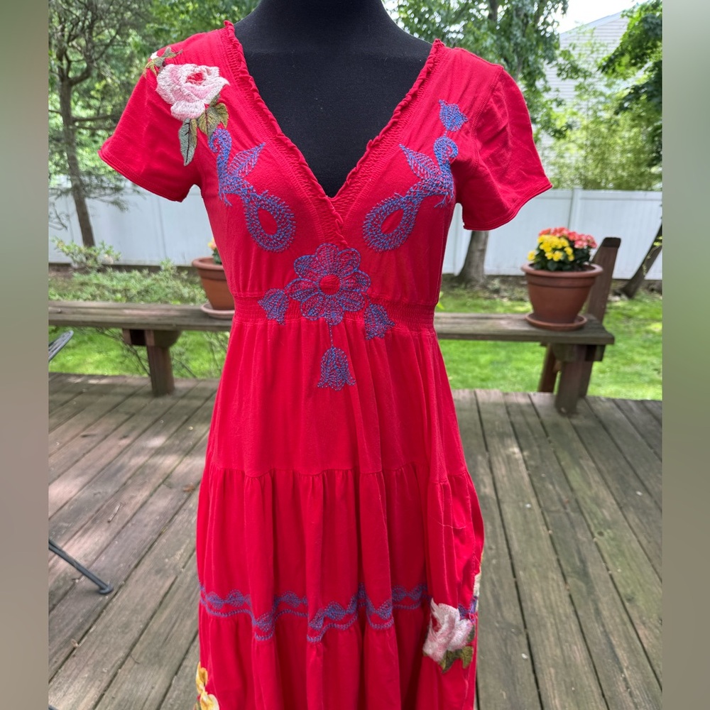 JWLA Johnny Was Red Embroidered Floral Bird Tiered Maxi Dress Small Boho Smocked